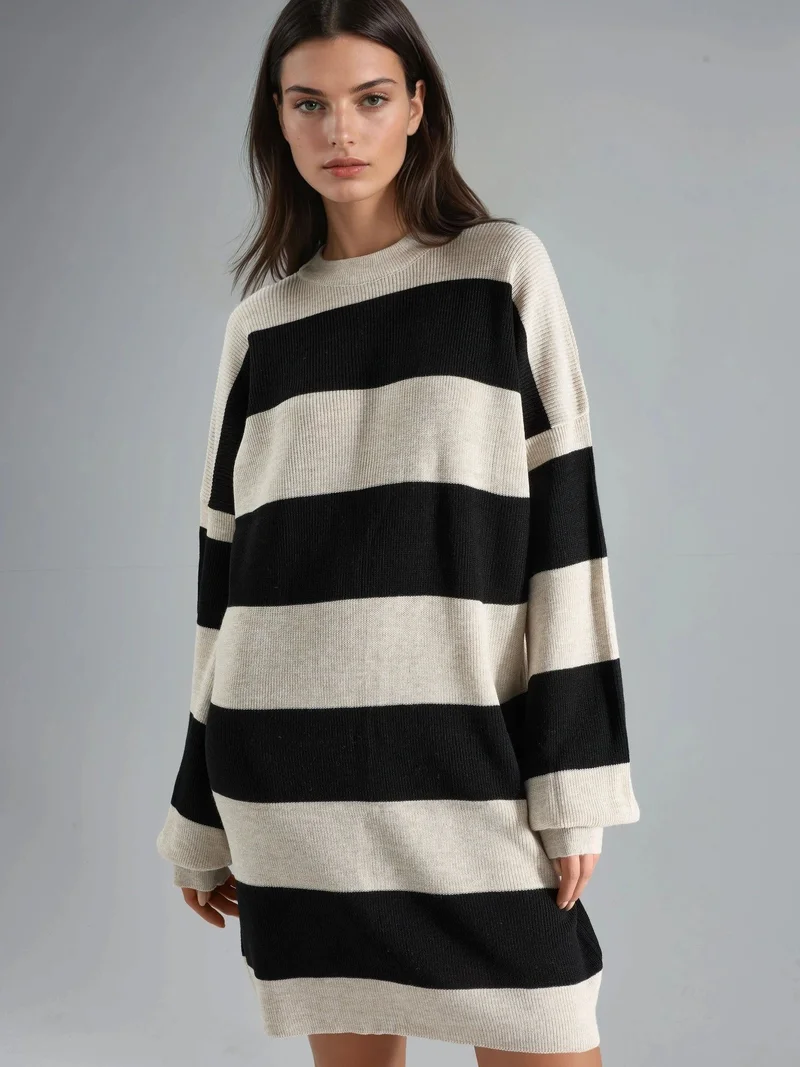 MY FASHION Striped Mini Dress with Crew Neck